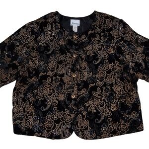 Vintage Black Formal Velvet Evening Jacket Floral Metallic Gold Silver 24W Plus